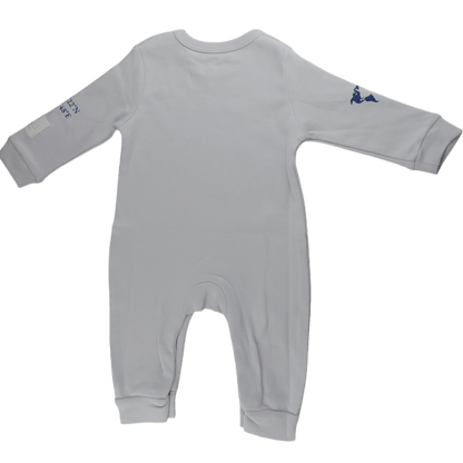 Grey aviation baby romper, back view with snap closure