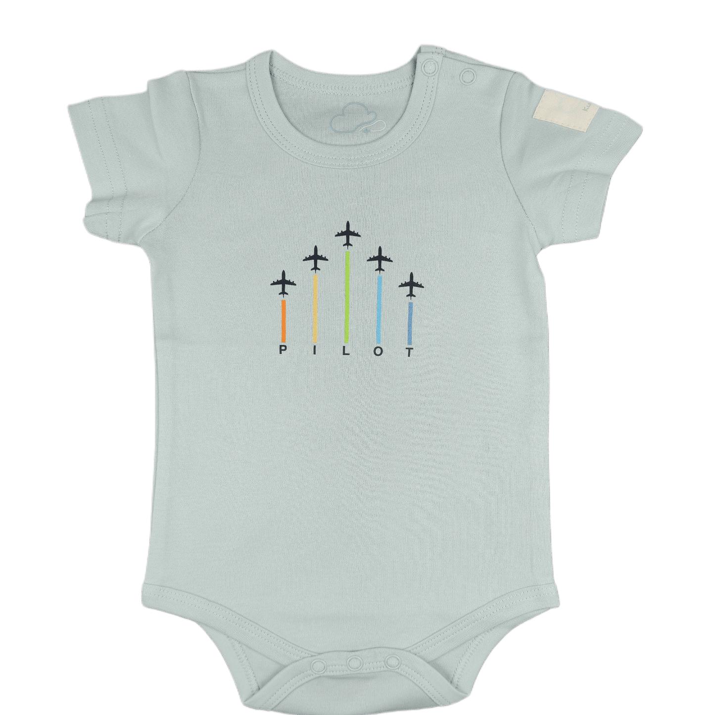 Sage green baby onesie with airplane design showing a front view