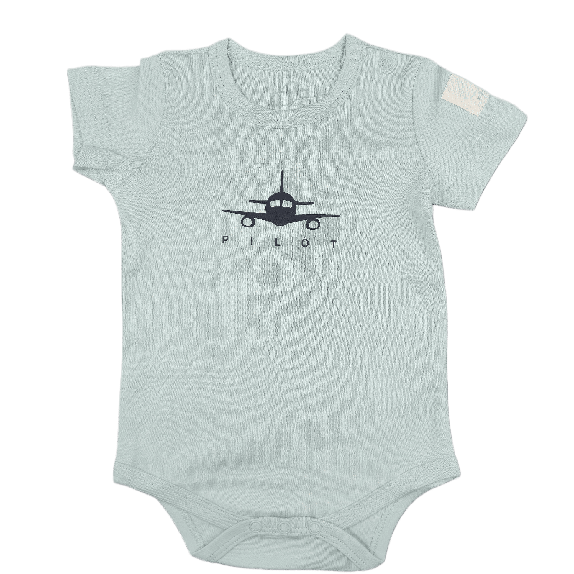 Sage green  baby onesie with airplane design and 'Pilot' graphic front view