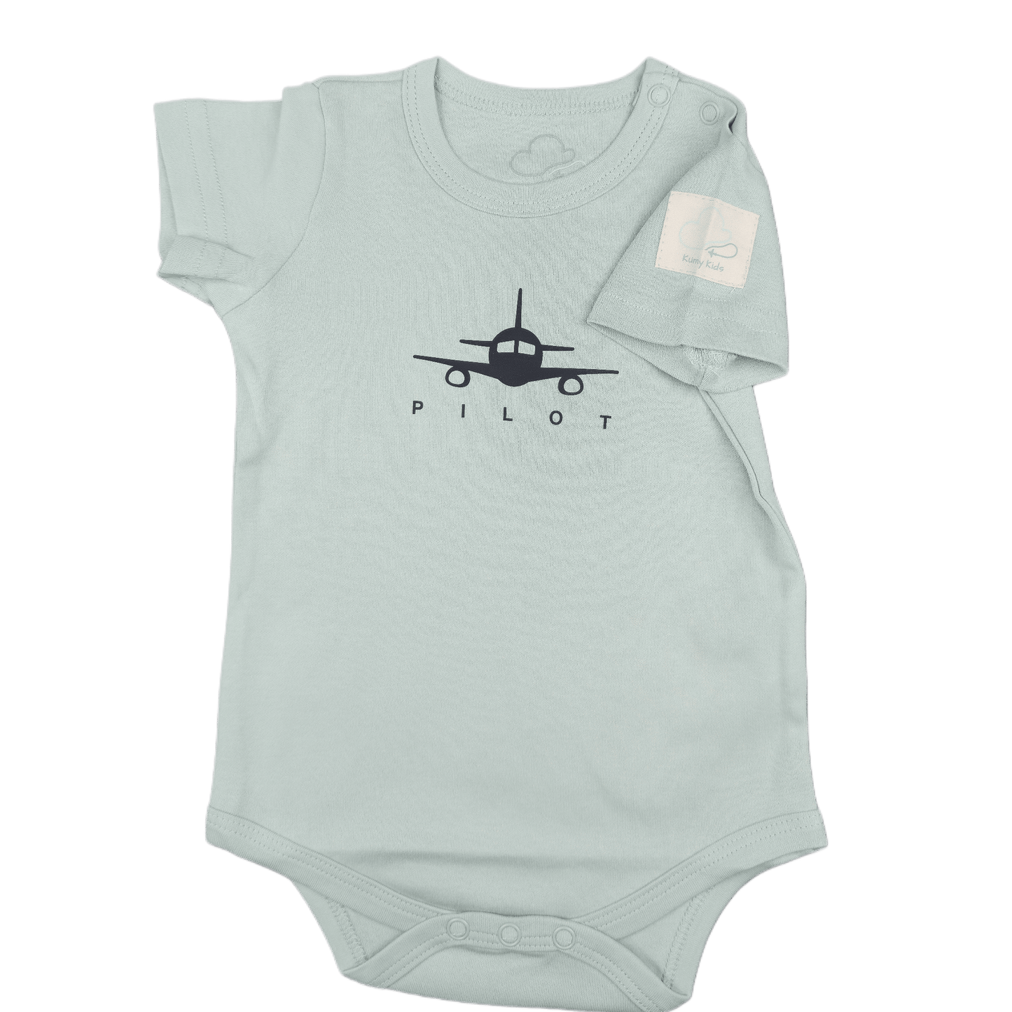 Sage green baby onesie with airplane graphic and 'Pilot' graphic front view