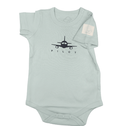 Sage green baby onesie with airplane graphic and 'Pilot' graphic front view