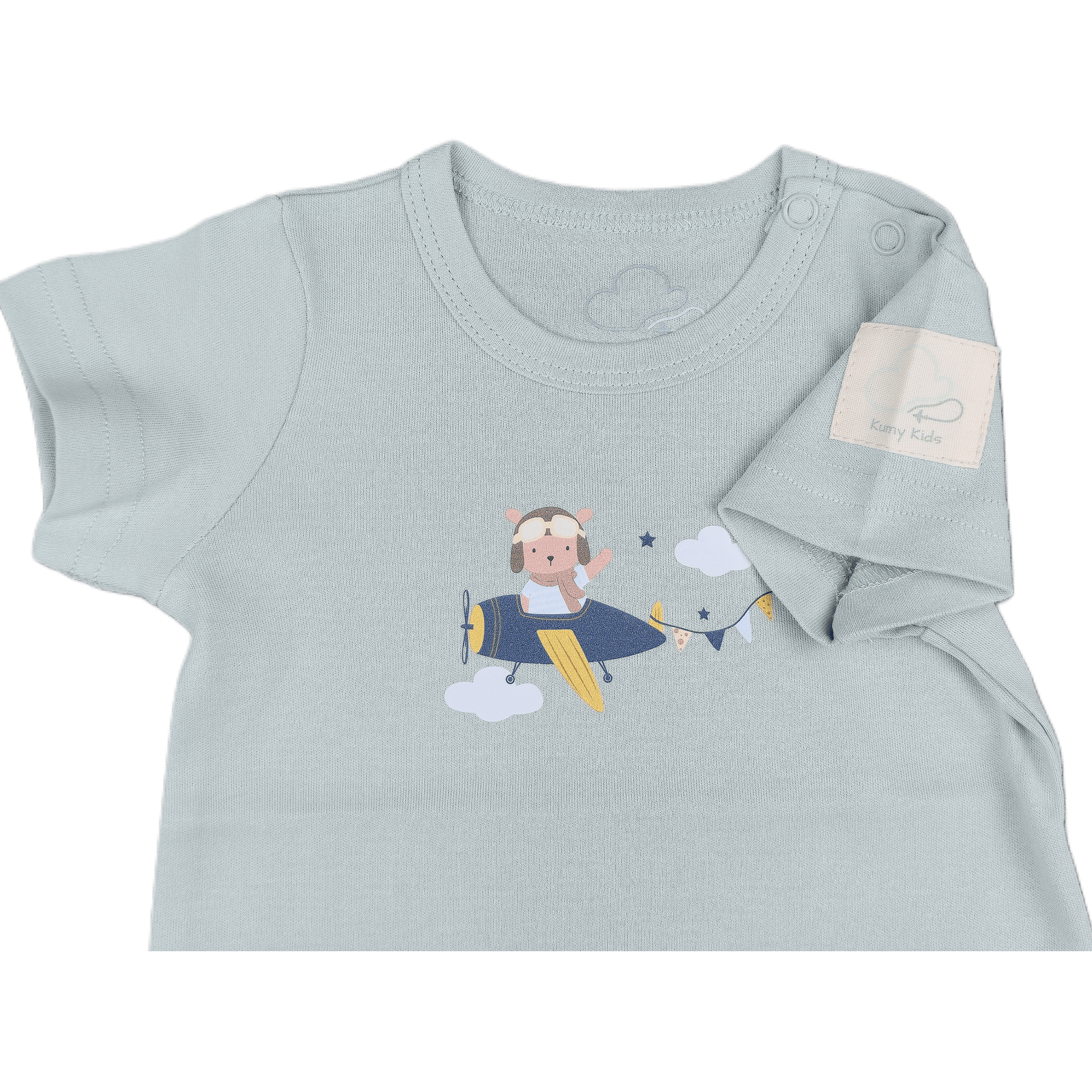 Sage green baby bodysuit  close-up with teddy design 