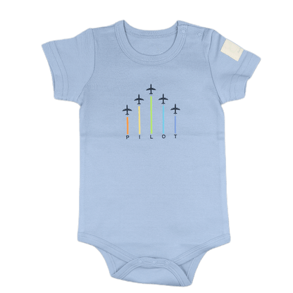 Aviation baby onesie, steel blue short sleeve with arrows print – Kumy Kids