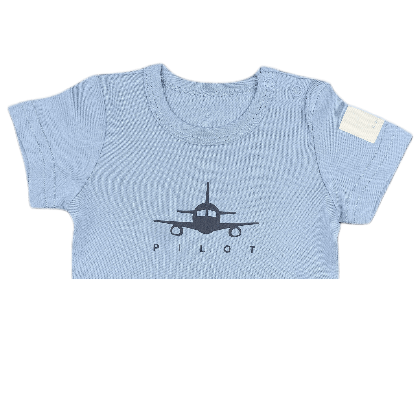 Steel blue aviation baby onesie, front print close-up