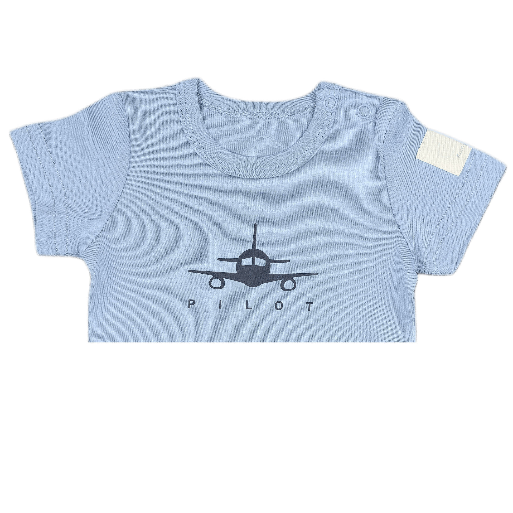 Steel blue aviation baby onesie, front print close-up