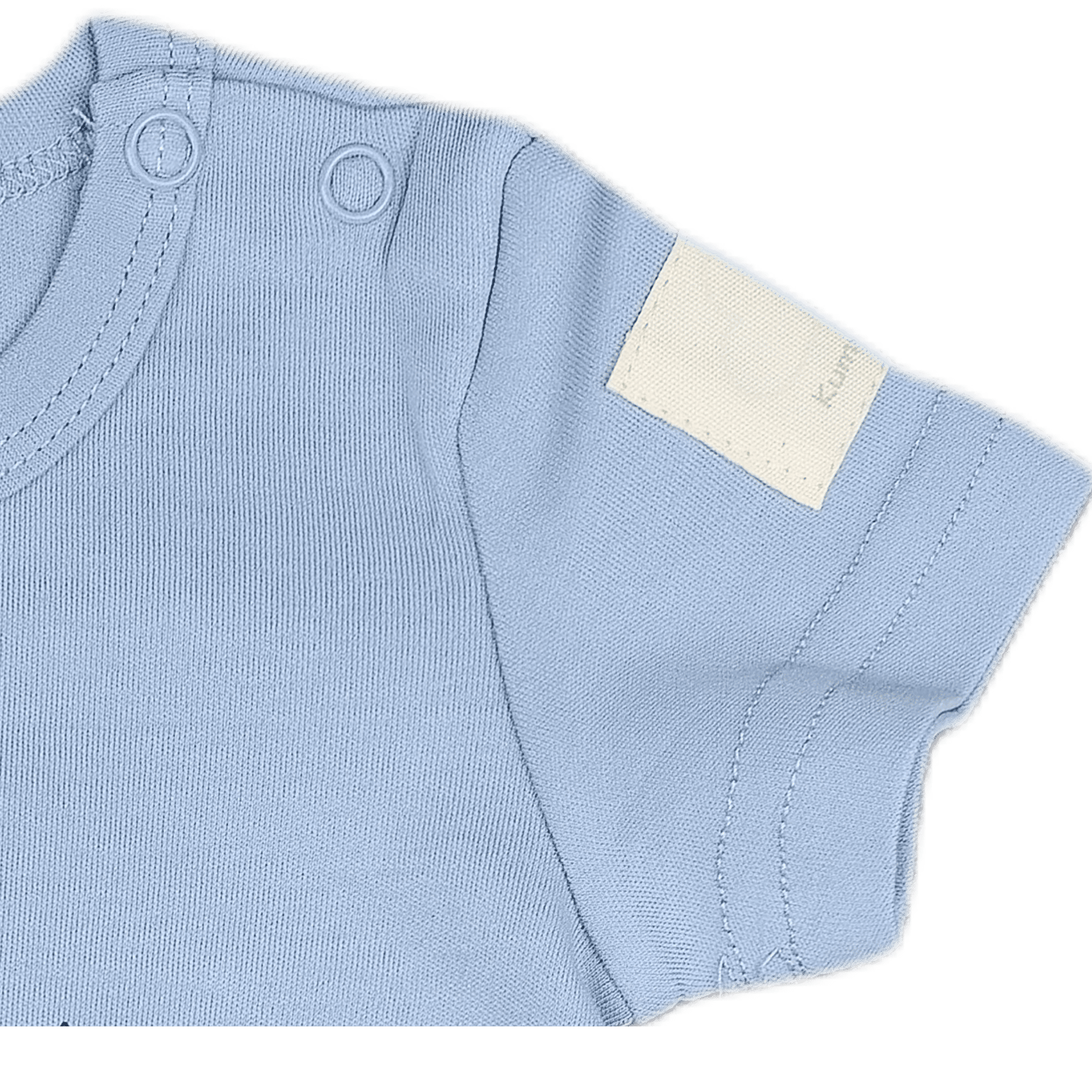 Steel blue aviation baby onesie, two-snap bottom closure detail