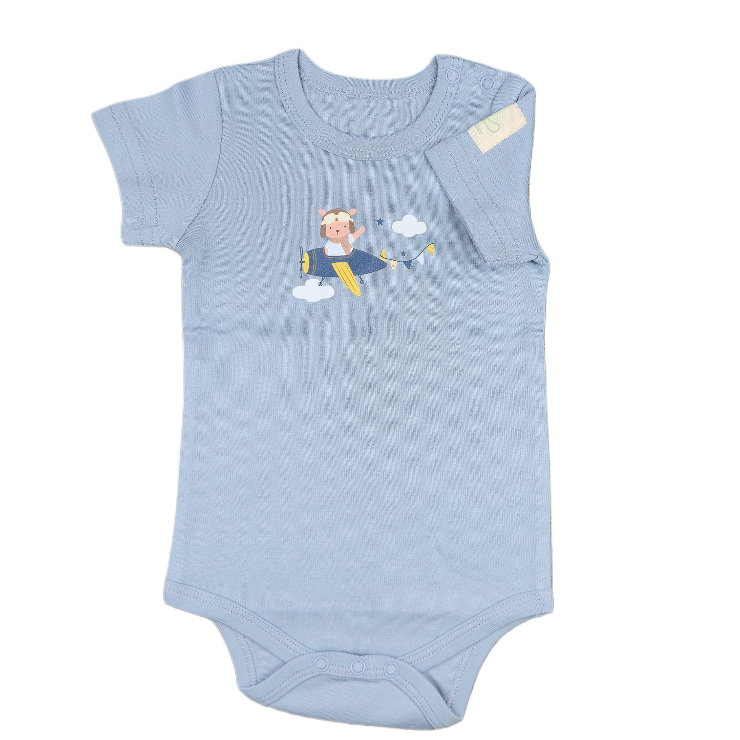 Aviation baby onesie, steel blue short sleeve with teddy pilot print – Kumy Kids