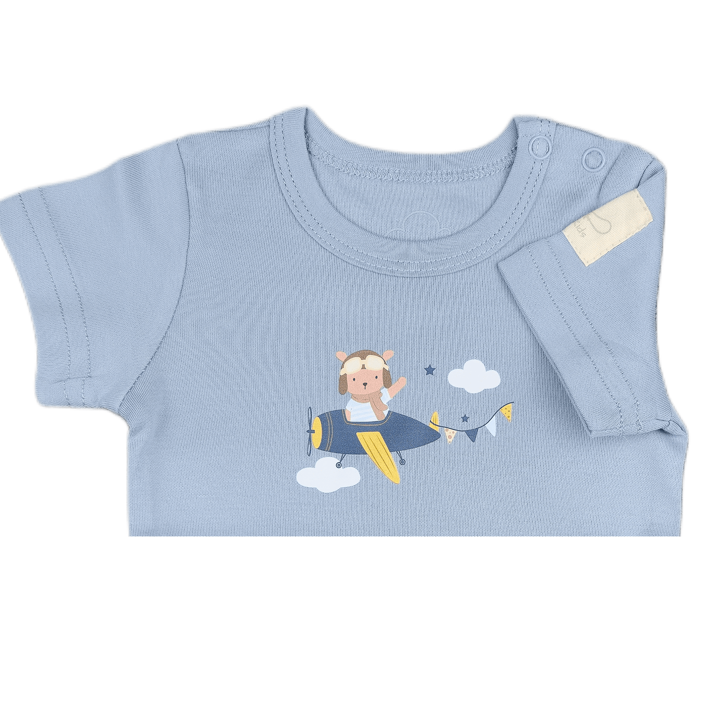 Steel blue aviation baby onesie, close-up of pilot print