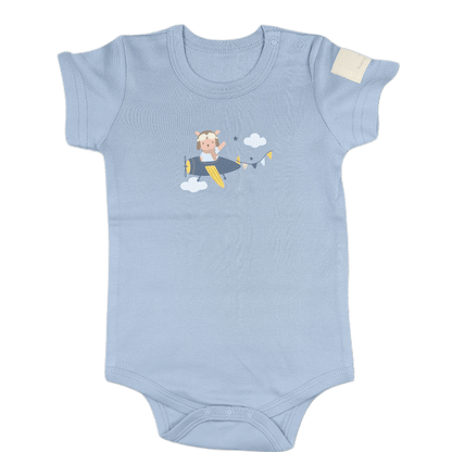 Steel blue aviation baby onesie, short sleeve front view with teddy print