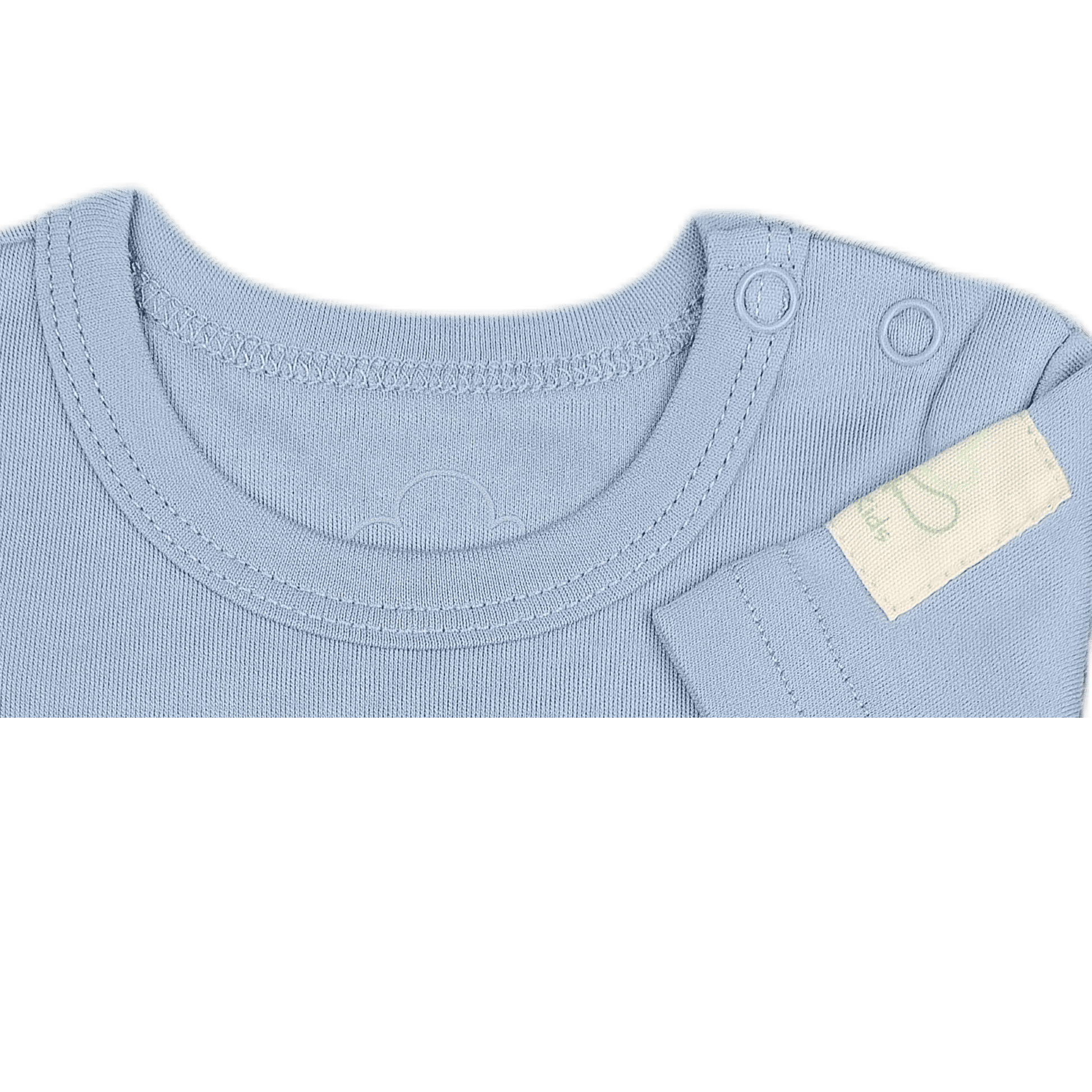 Steel blue aviation baby onesie, neckline and shoulder snap detail