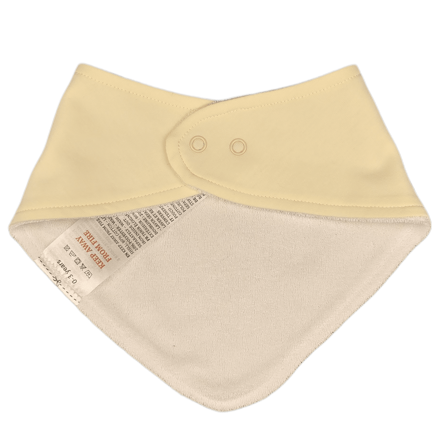 Beige aviation baby bandana bib, back view with snap closure