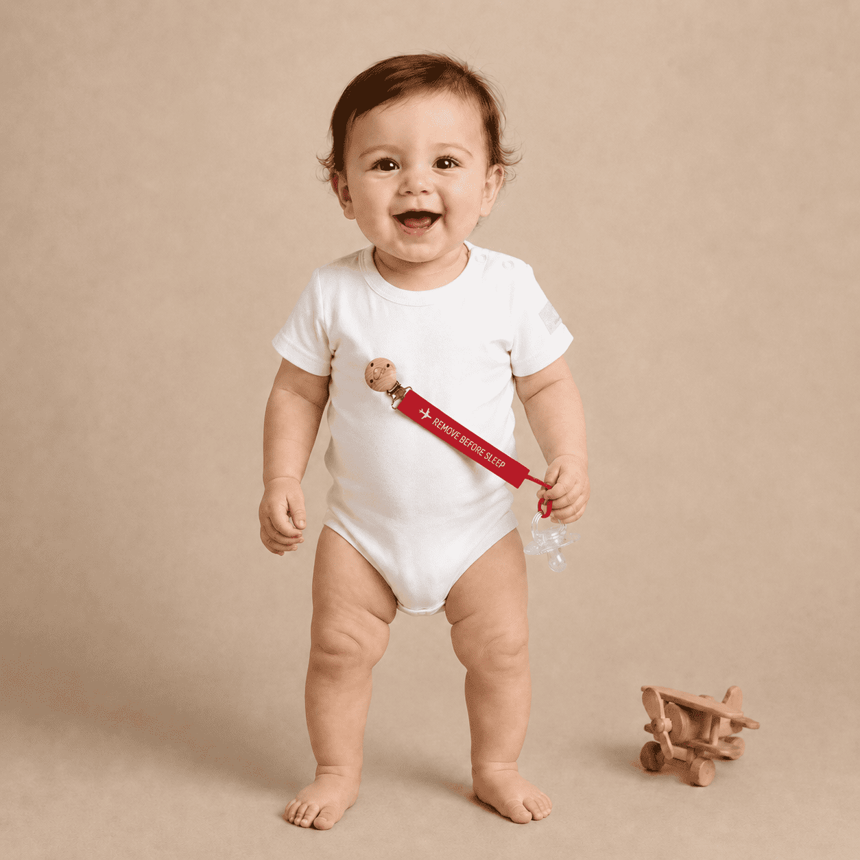 Pacifier Clip Remove Before Sleep Aviation - Baby Red Wood Italian Design 21cm