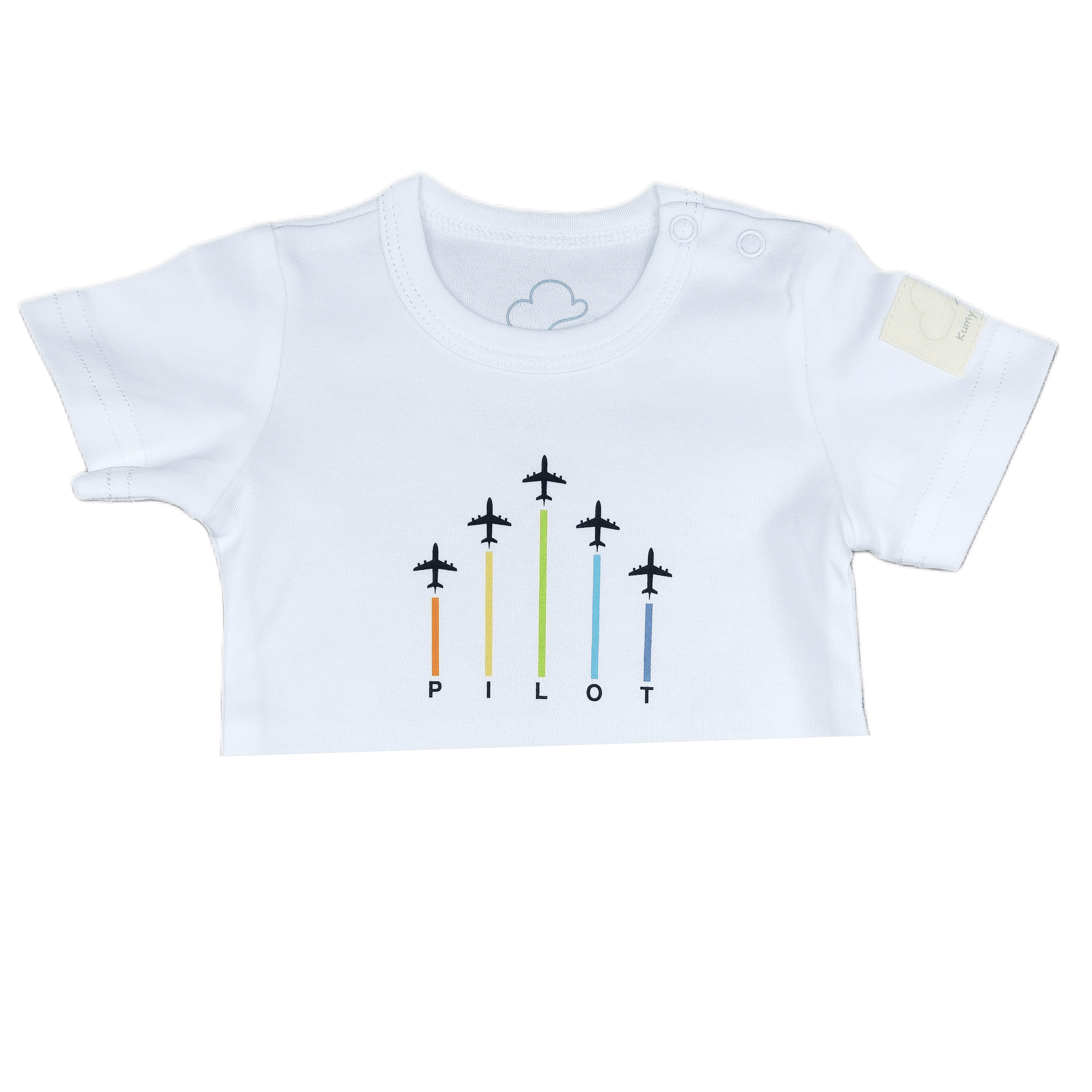 White aviation baby onesie, close-up of arrows print
