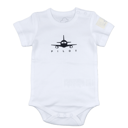 Aviation baby onesie, white short sleeve with pilot print – Kumy Kids