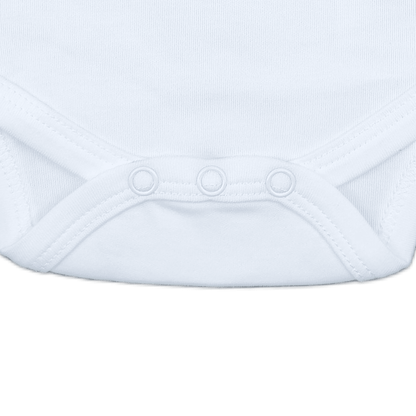 White aviation baby onesie, three-snap bottom closure detail
