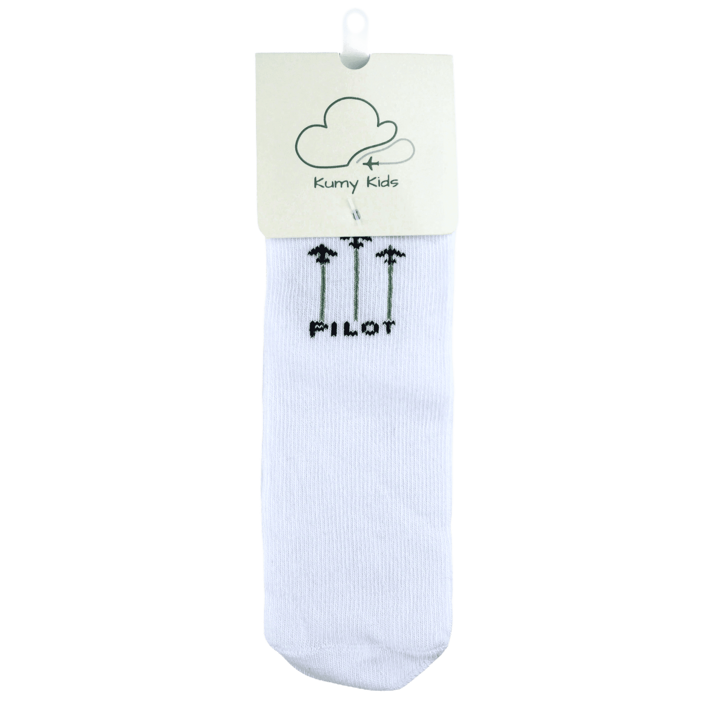 White flat-knit baby socks with PILOT graphic – Kumy Kids