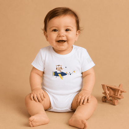 Baby Short Sleeve Aviation Bodysuit - 100% Cotton Italian Design 0-24M