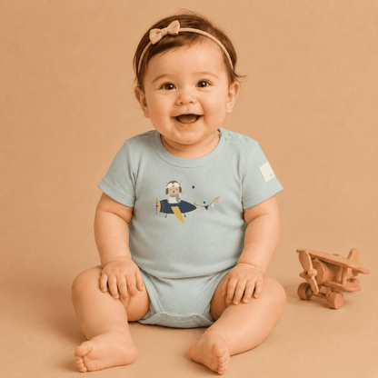 Baby Short Sleeve Aviation Bodysuit - 100% Cotton Italian Design 0-24M