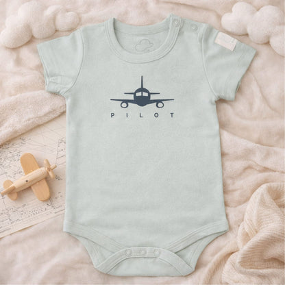 Sage green short sleeve baby bodysuit with PILOT aviation print