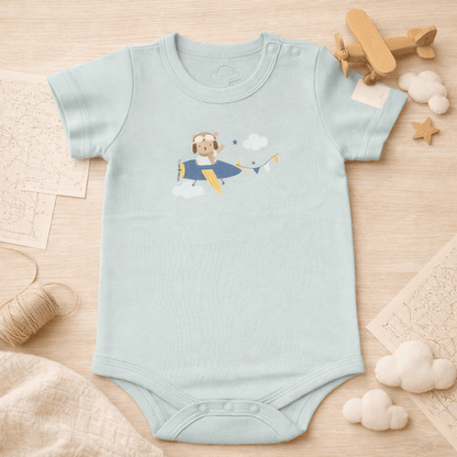 Sage green short sleeve baby bodysuit with teddy pilot print