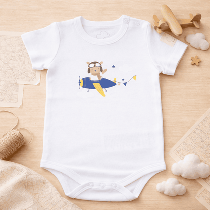 White baby bodysuit with teddy pilot print